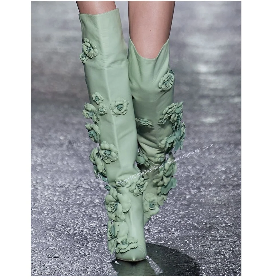 Green Flower Over Knee High Boots Thin High Heel Pointed Toe Fashion Sexy 2024 Winter Big Size Woman Shoes Zapatillas Mujer