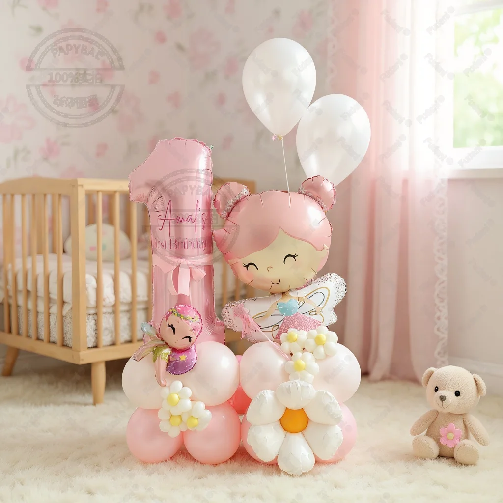 40 قطعة زهرة الكرتون الجنية 32 بوصة الوردي الألومنيوم نموذج بالون رقمي العمود حفلة عيد ميلاد الديكور لوازم الزفاف #3