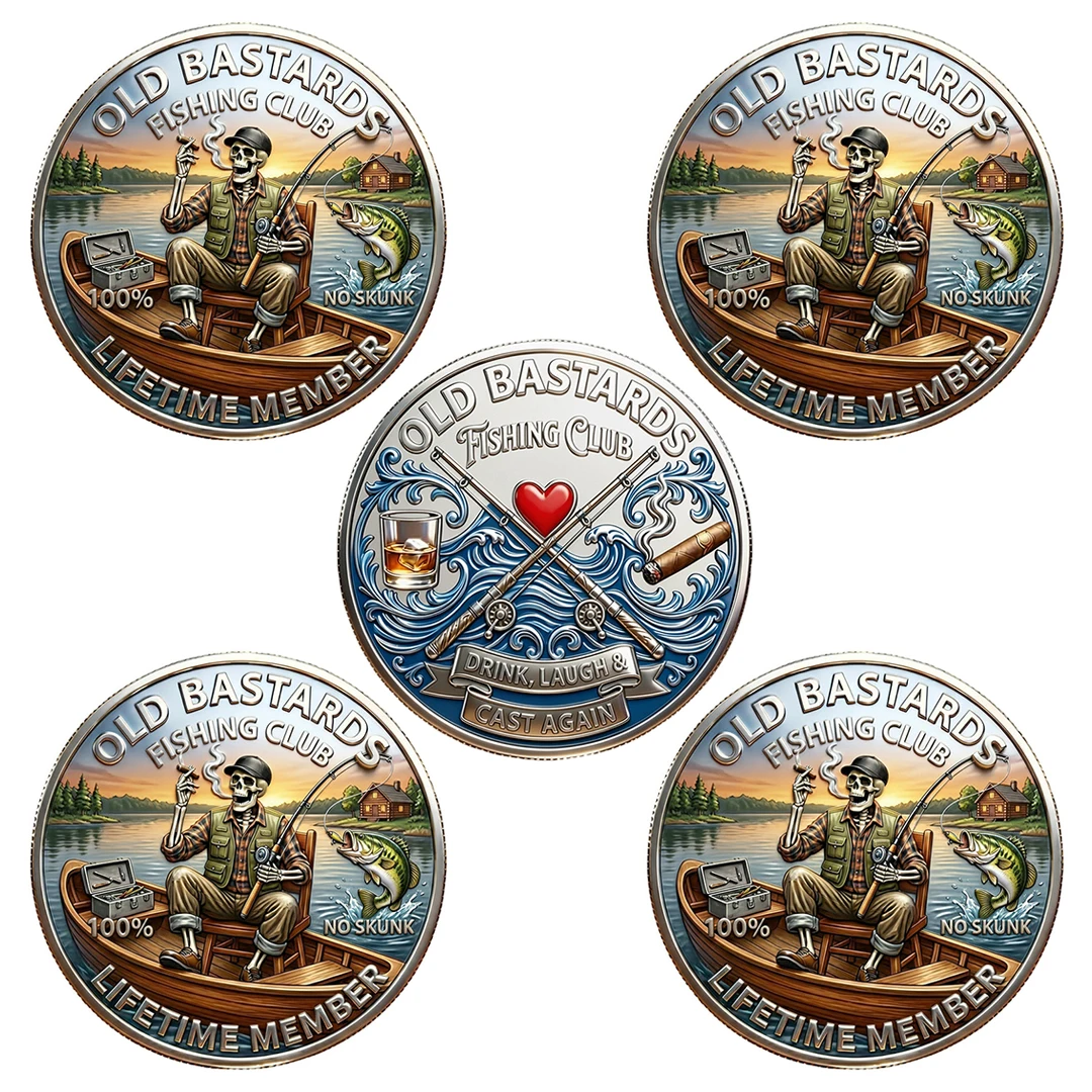 5PCS Old Bastards Fishing Club Commemorative Coin Silver Plated Funny Skeleton Fisherman Challenge Coin Collectible for Lovers