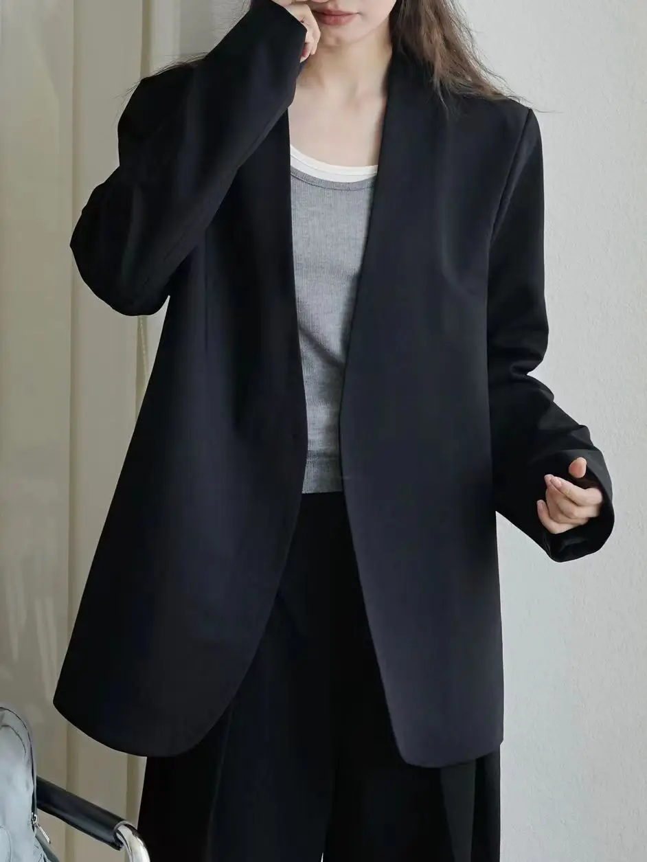 Spring and Autumn Women\'s Casual Solid Loose Black Jacket Blazer