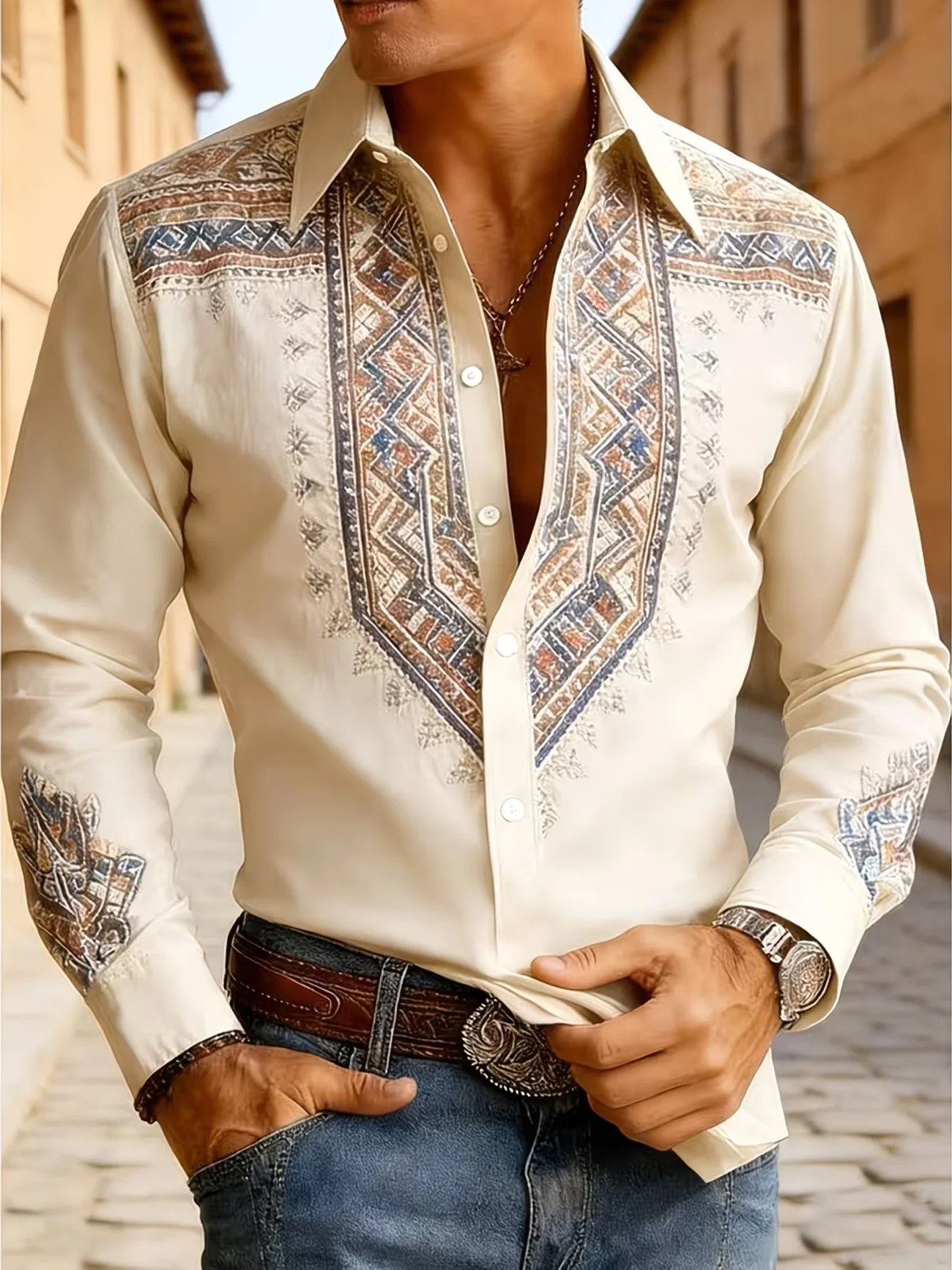 New Vitality Orange Blossom Full Print Men's Long Sleeve Shirt Hawaii Vacation Style Casual Versatile Flower Shirt