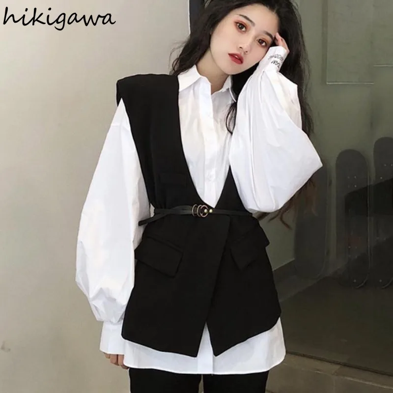 Korean Women's Clothing 2 Piece Sets Long Sleeve White Blouses V-neck Sleeveless Vintage Vest Coat Fashion Temperament Waistcoat