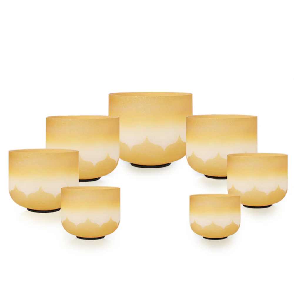 

Кристаллическая поющая чаша Golden Lotus, 8 дюймов, кварцевая целительная чаша для звукотерапии и медитации, с гравировкой на санскрите