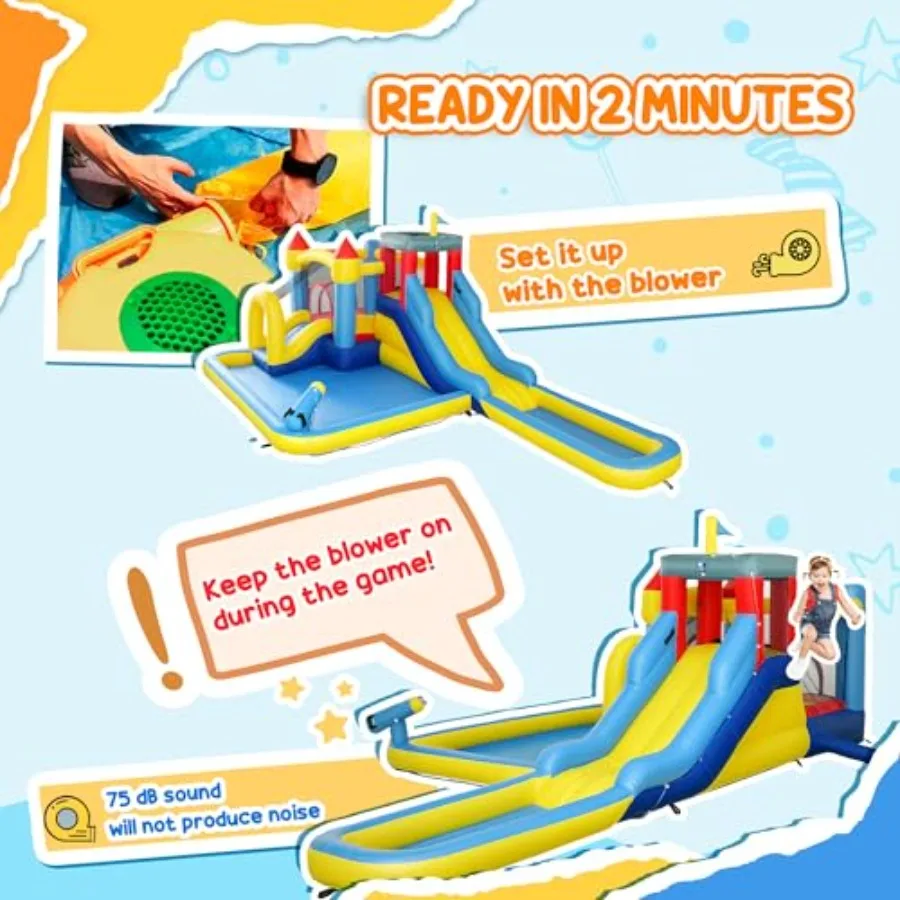 Opblaasbare waterglijbaan, Kids Bounce House Park 6 in 1 met 550 W blazer, splash-zwembaden, 2 glijbanen, trampoline, klimmuur, blik