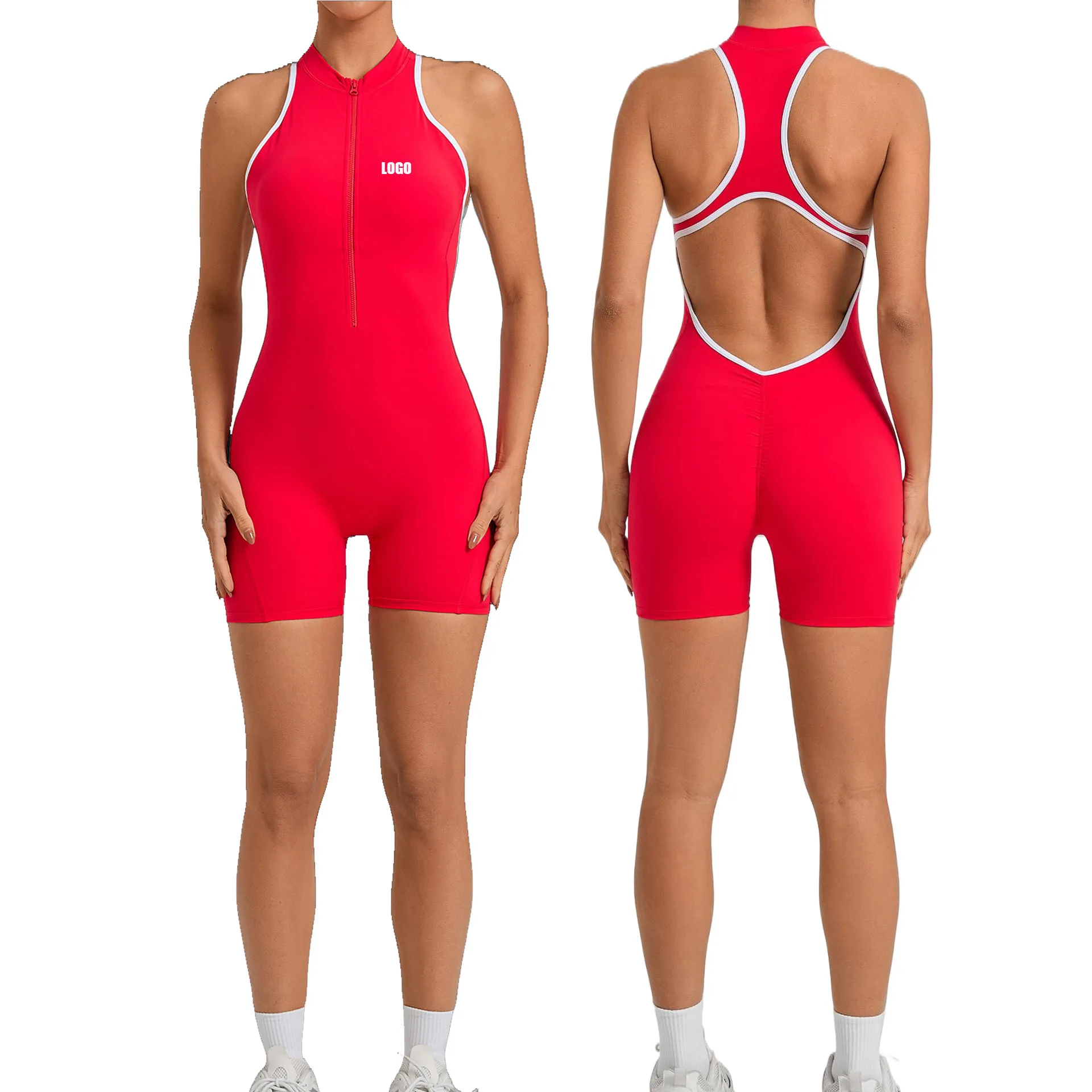Custom LOGO Women's Contrast Color Cross Beauty Back Yoga onesie Shrinking pleated hip lift running sports fitness onesie shorts