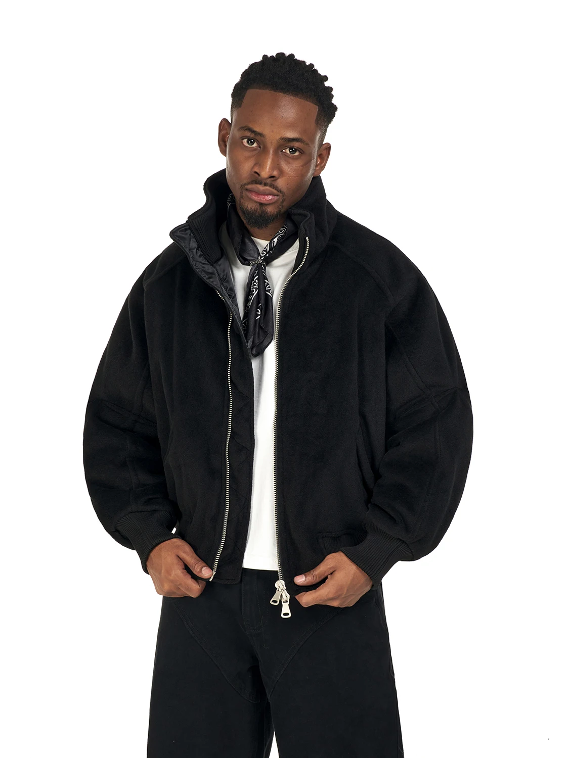 

Retro American Splicing Design Loose Cotton Jaet Men's Stand Collar Woolen Coat Autumn Winter Trendy ex Casual Sle