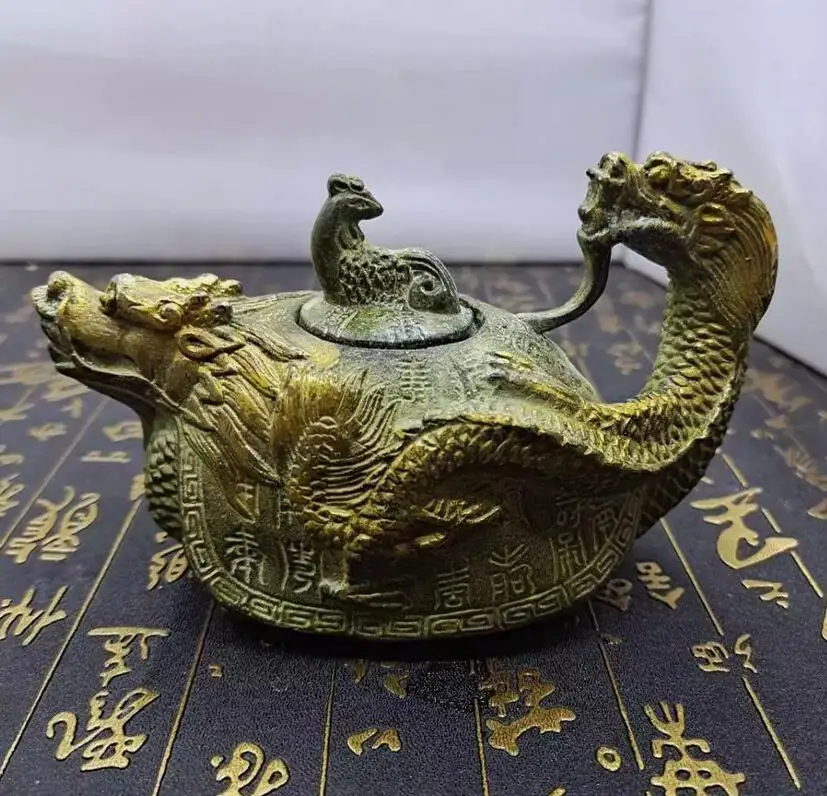 collectable old Antique stamp bronze Phoenix dragon turtle teapot wine pot