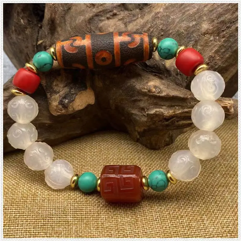 Natural Agate Nine-eye Dzi Beads Single Circle Bracelet Men's and Women's Chalcedony Beads Retro Bracelet.