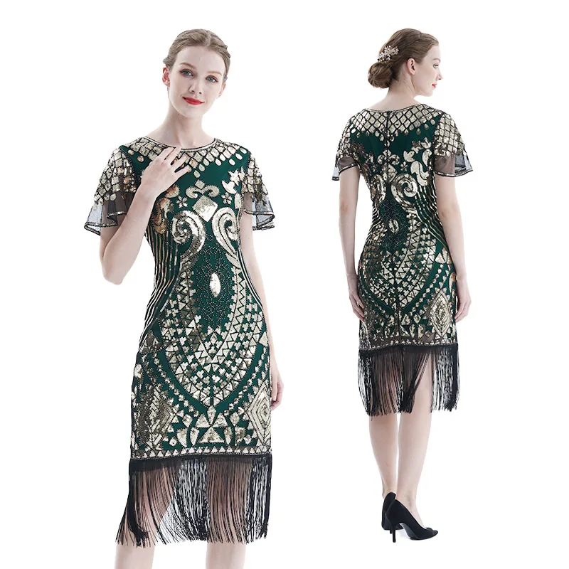 Women's Sexy Royal Embroidery Fringe Great Gatsby Party Dress 1920s Sequin Beaded Tassel Hem Flapper Dress with Accessories Set