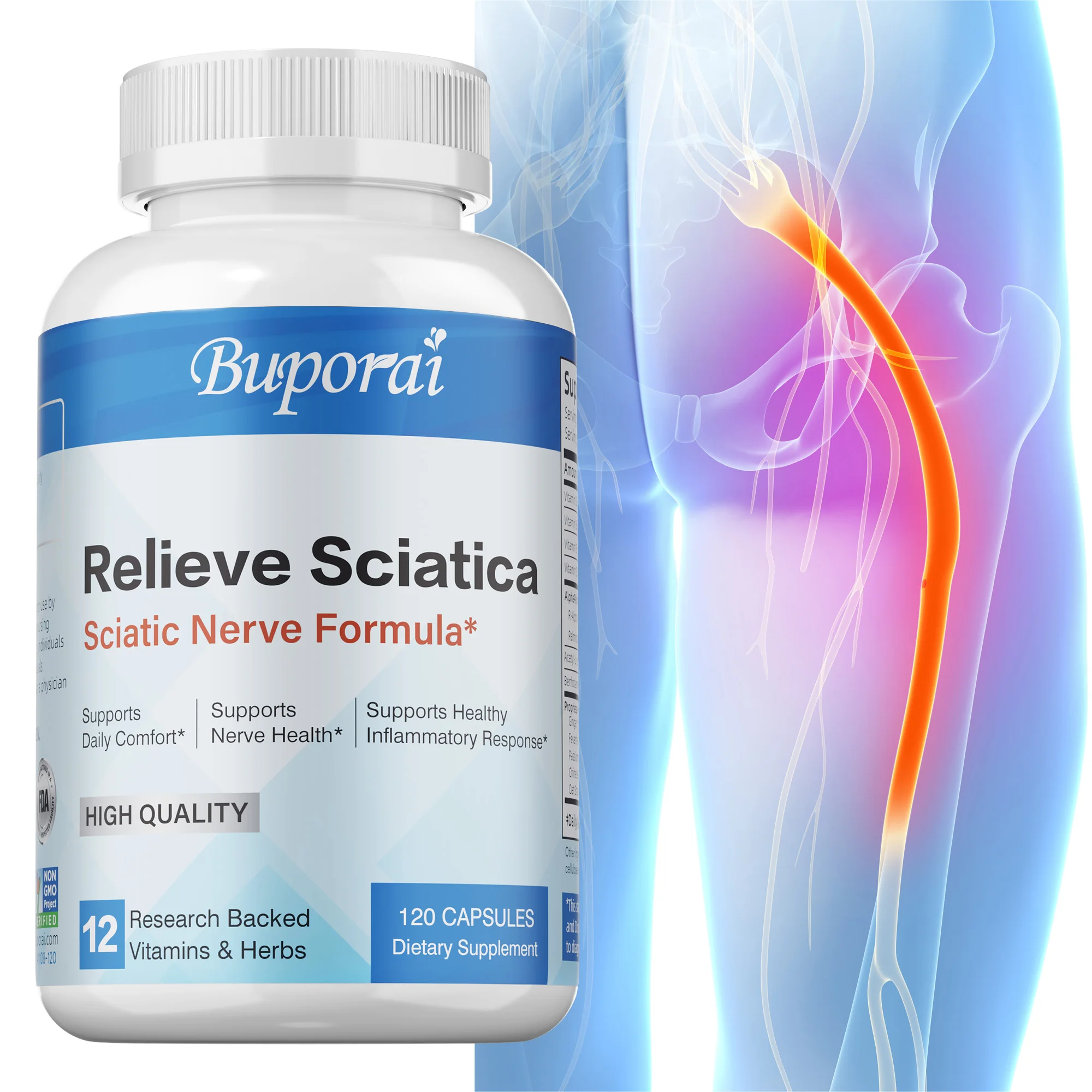 Suplementos para nervios ciáticos: salud de las articulaciones, antiinflamatorio, artritis muscular de la rodilla, suplementos para aliviar el dolor - 120 cápsulas