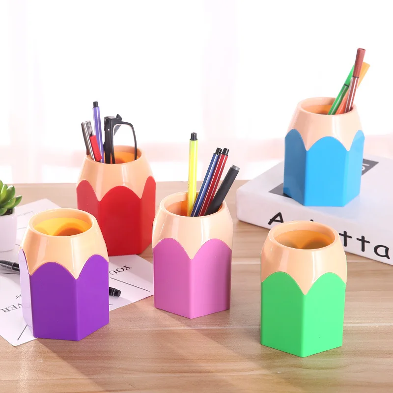 Pencil Head Design Pen Holder Plastic Office Learning Stationery Organizer Creativite Desk Storage Box for Makeup Brush