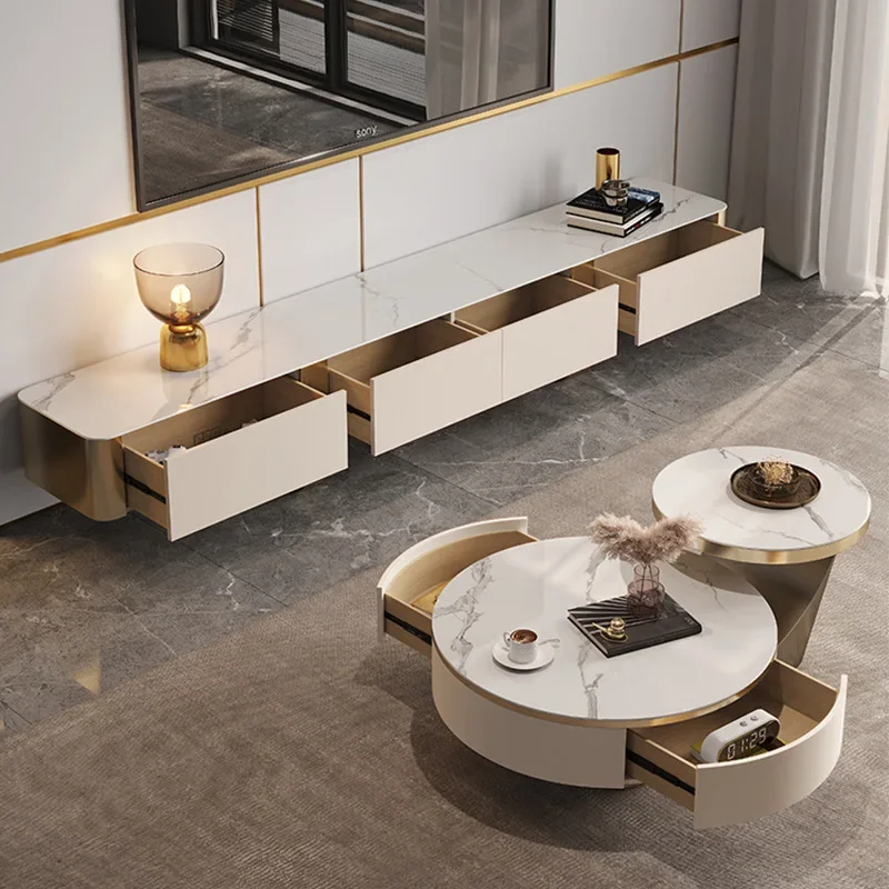 Italian light luxury rock slab coffee table modern simple small apartment living room size round tea table household TV