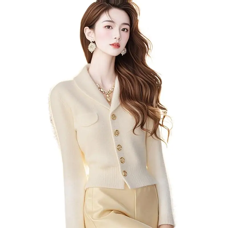 BOWEYLUN Autumn Long Sleeve Sweater Coat Top Women Spring Fashion French Style Premium Slimming Apricot Knit Cardigan Girls