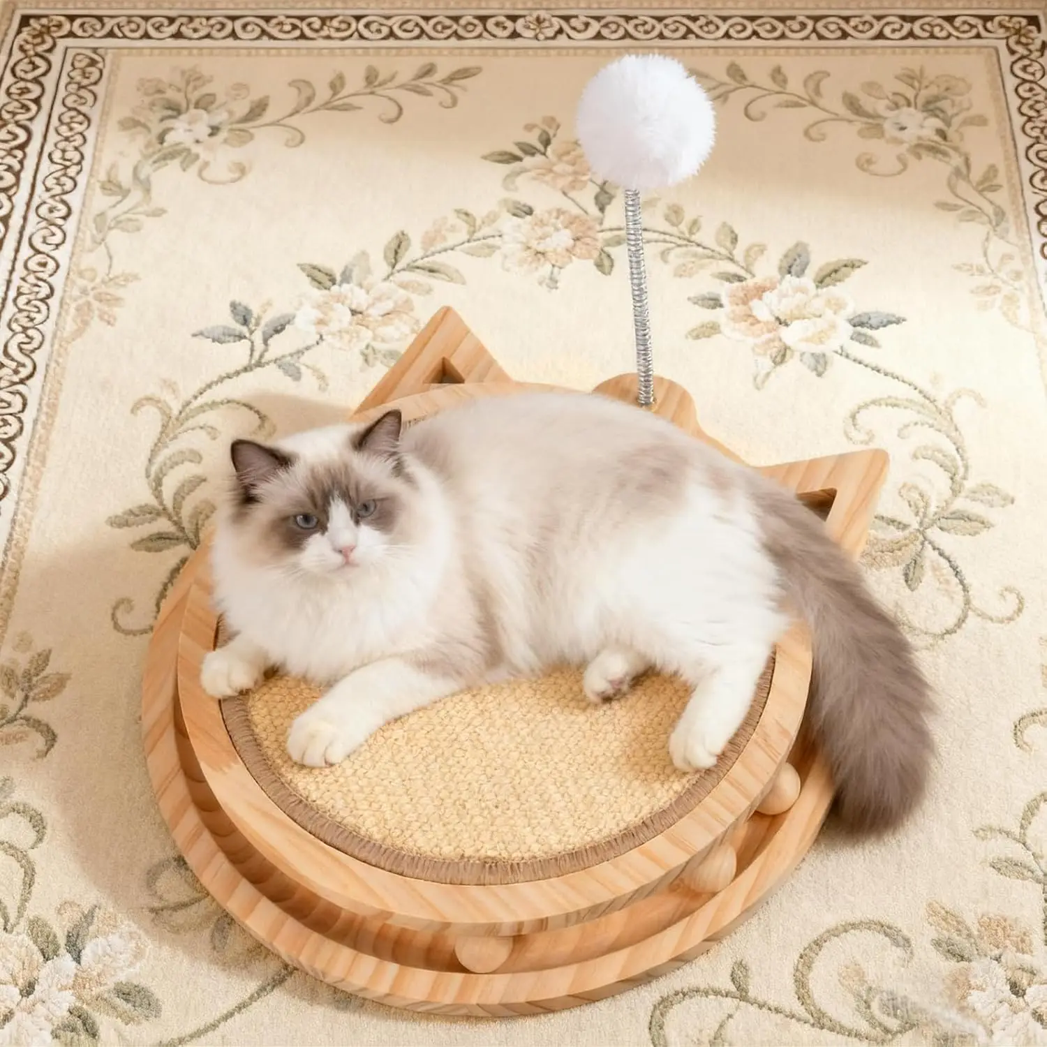 

Sisal Cat Scratcher with Ball Track and Spring Toy 3 in 1 Wooden Interactive Cat Toys Cat Scratchers for Indoor Cats and