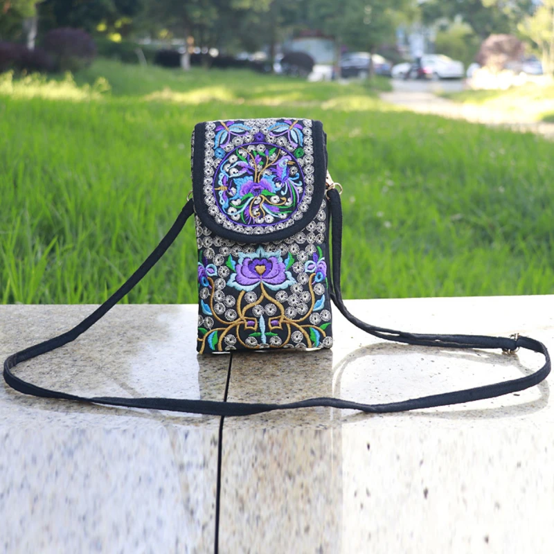 Lady Cell Phone Bag Crossbody Shoulder Wallet Purse Handbag Pouch Ethnic Style Embroidered Bags Flip Canvas Retro Small Bag