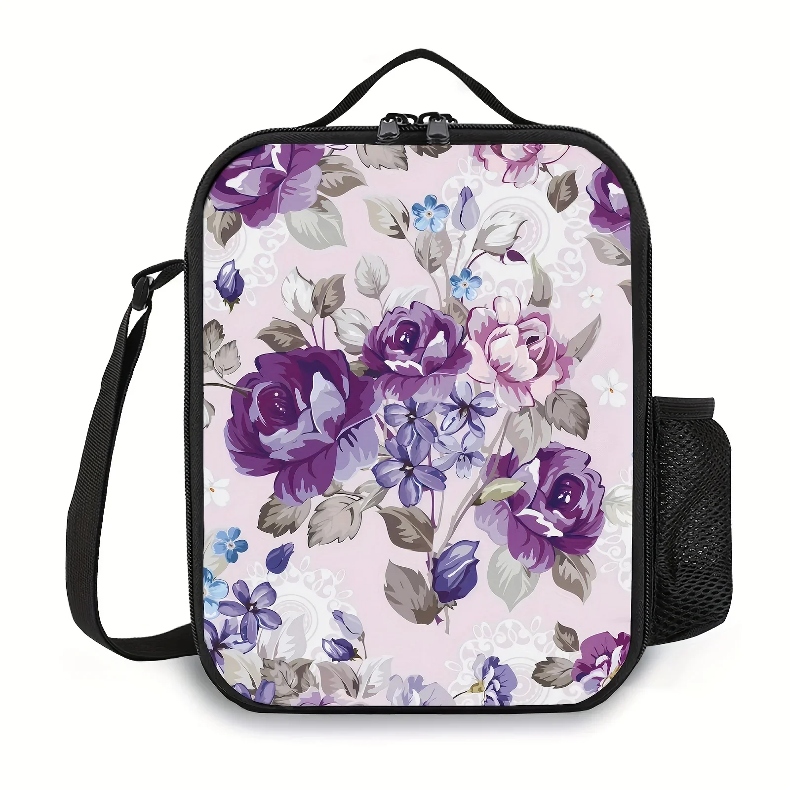 1pc Purple Flower/Black Rose/Red Rose Lunch Bag For Mens/Womens Insulated Reusable Lunch Bag For Teenagers And Workers At School