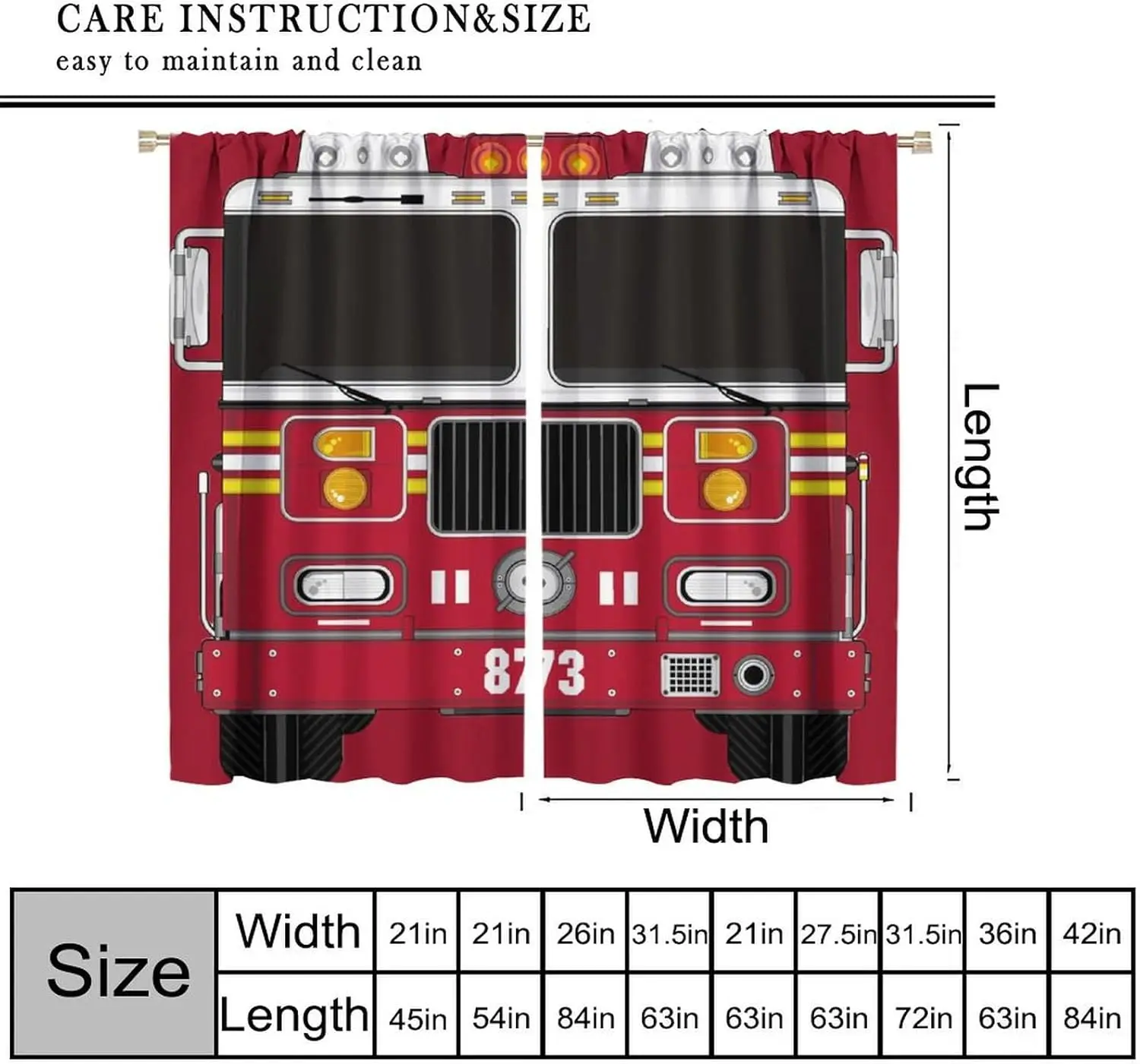 Fire Truck Print Curtains for Kids Adults,Cartoon Fire Engine Black Red Heat Insulation and Shading Rod Pocket Window Curtains