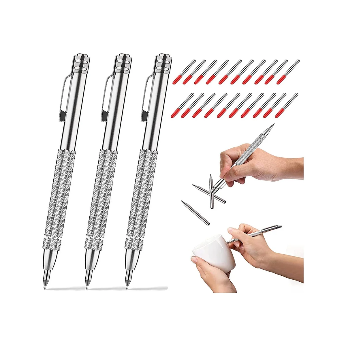 3Pack Scribe Tool with Magnet,Tungsten Carbide Scriber with 20 Replacement Marking Tip,for Glass/Ceramics/Hardened Steel