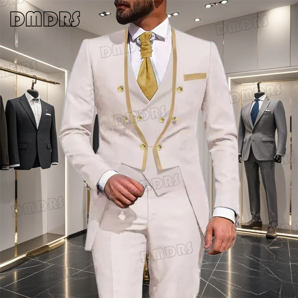 Conjunto de pantalones de esmoquin de 3 piezas para hombre, chaqueta, chaleco, pantalones, conjunto de traje de fiesta formal, trajes de moda ajustados con botones dorados