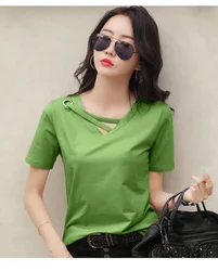 Sexy V-neck Solid Design Short Sleeve Tops Korean Casual Trendy Top Women New 2024 Summer Popular T Shirt for Women