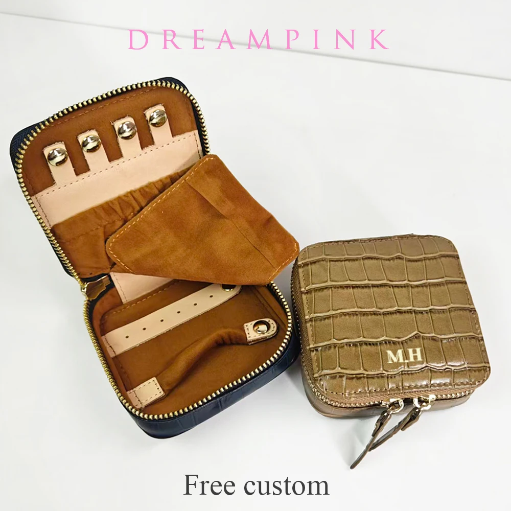 Cowhide Mini Travel Jewelry Box Personalize Name Crocodile Style Jewellery Storage Case Custom Initial Earring Organizer Bag