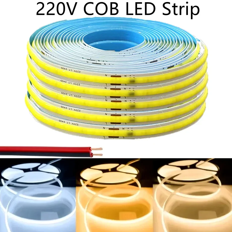 220V COB LED Strip 0.5M-10M Flexible Tape Light Smart IC No Need Driver High Bright 240 LEDs Linear Lighting RA95 Warm Ice Blue