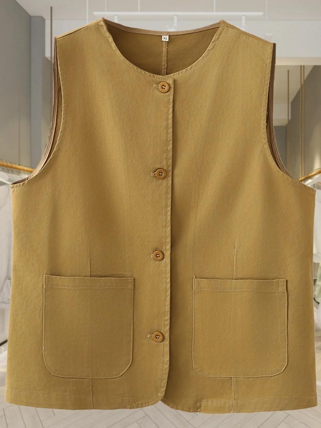 

plus Size Women's Fashionable round Neck Vest Jacket Spring Autumn Versatile Cotton Casual Style Single Button Closure Outerwear