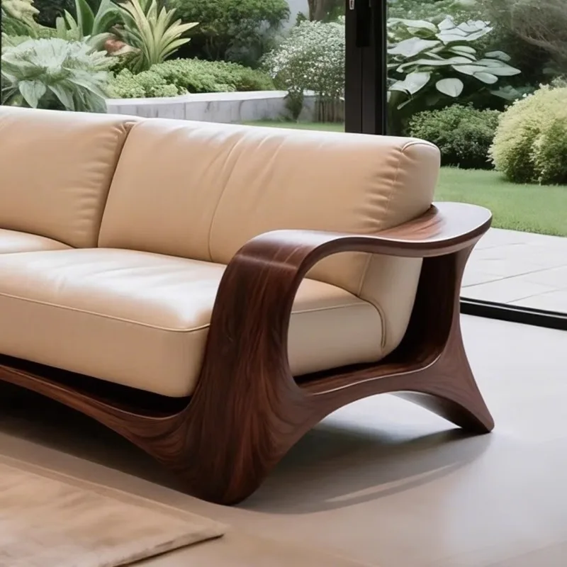 Medieval solid wood sofa, small apartment living room straight row three-person leather sofa