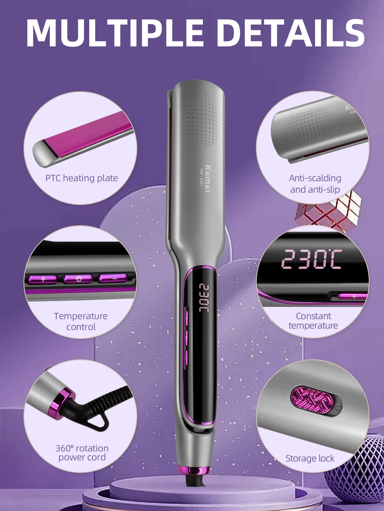 KEMEI Professional Hair Straightener with LCD Display Flat Iron Negative Ion Infrared Hair Straighting Iron Hair Care for Woman