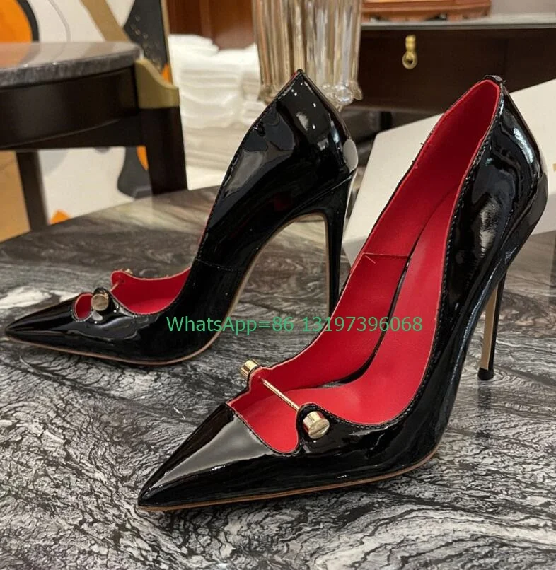 

Lady red black metallic PU 10cm high heels pointed toe metal cut-out design pumps footwear size hollow design office lady pumps