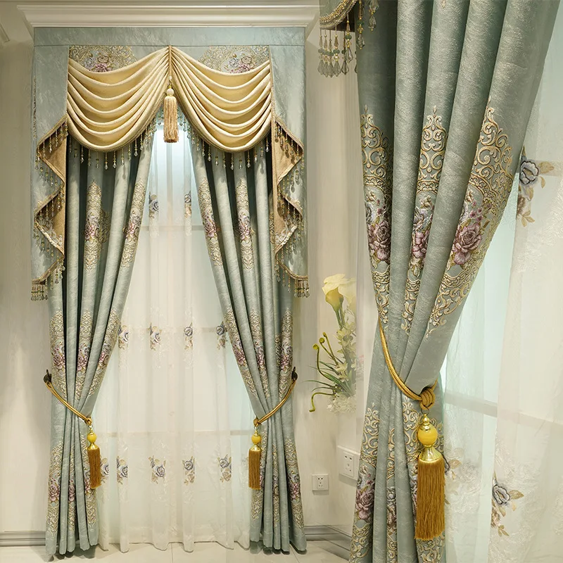 

Custom luxury European vintage relief fabric living room bedroom blue cloth blackout curtain tulle valance drape C1676