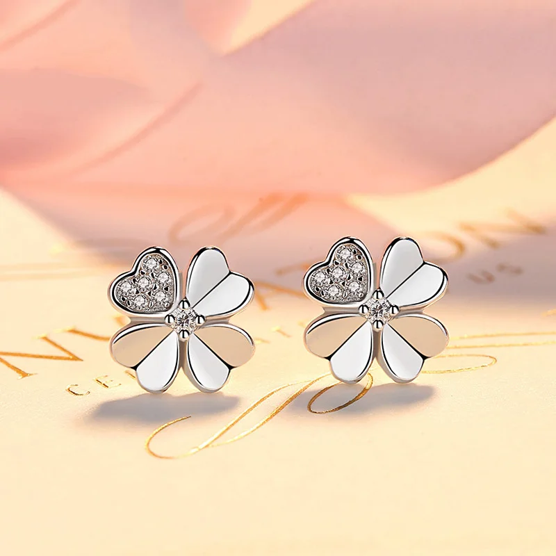 Authentic 925 Sterling Silver Earring Fashion Simple Clover Crystal Stud Earring For Women Girl Wedding Party Jewelry Gift
