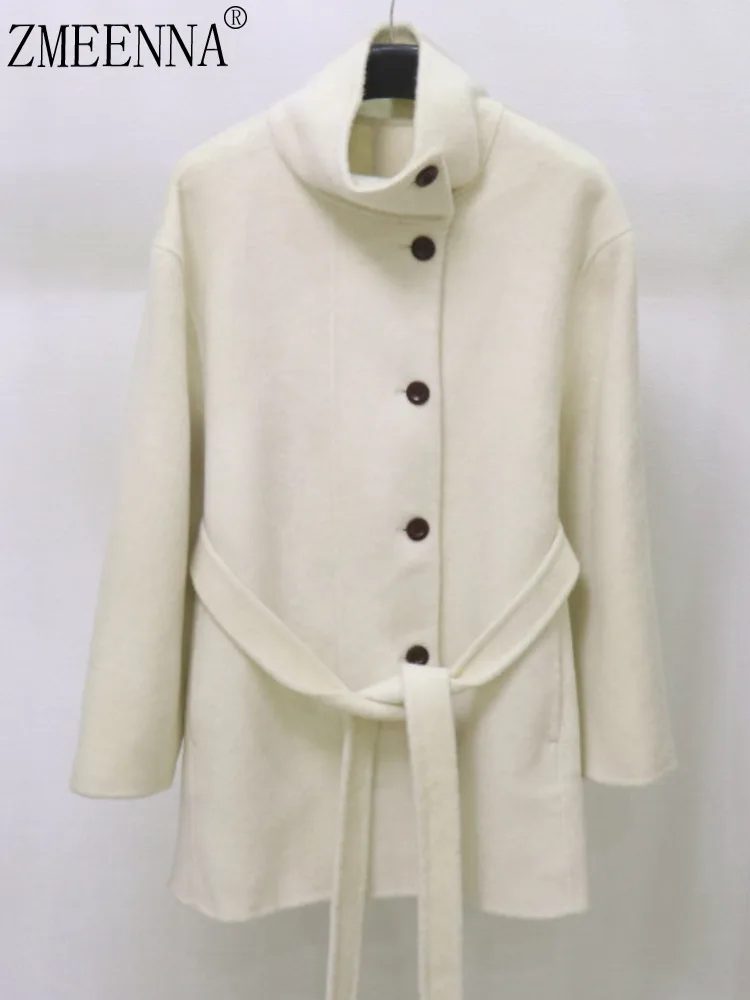 

ZMEENNA Elegant Women's White Wool Blend Short Coat With Stand-Up Collar Stylish Single-Breasted And Belted Outerwear ZM3878