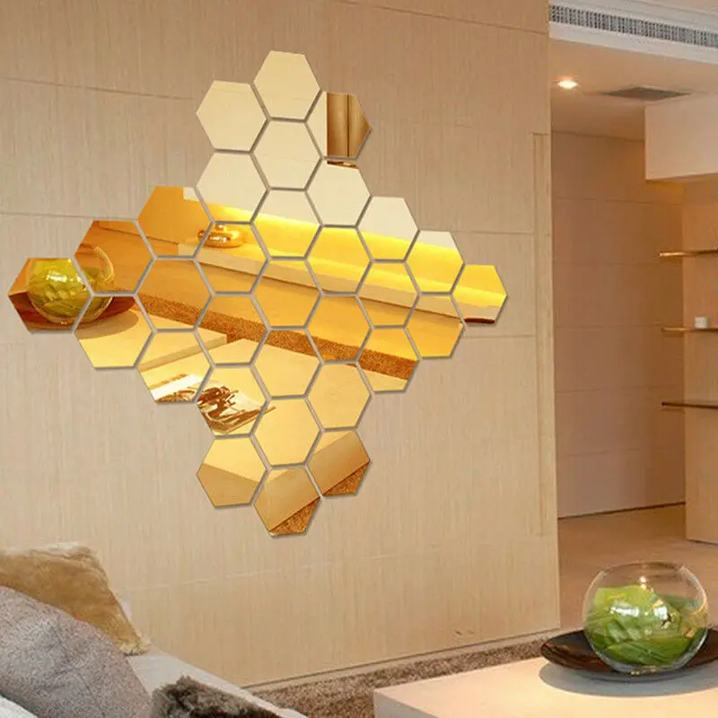 24pcs Hexagon Mirror Sticker Self Adhesive Mosaic Tiles Wall Sticker Decals DIY Bedroom Living Room Bathroom Home Decor