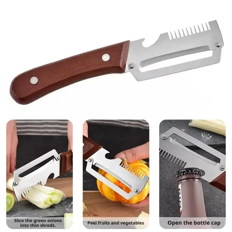 2-in-1 Serrated Peeling Knife Premium Vegetable Peeler With Wooden Handle And Bottle Opener Kitchen Tool 2026 Practical