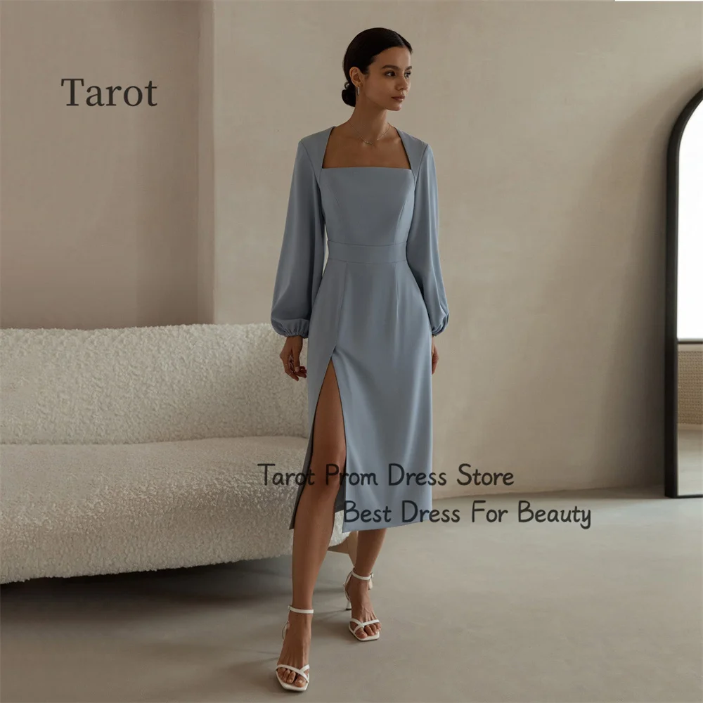 

Tarot Formal Lantern Sleeves Saudi Prom Dresses A Line Sexy Split Simple Wedding Party Dress For Women Tea Length فساتين سهرة