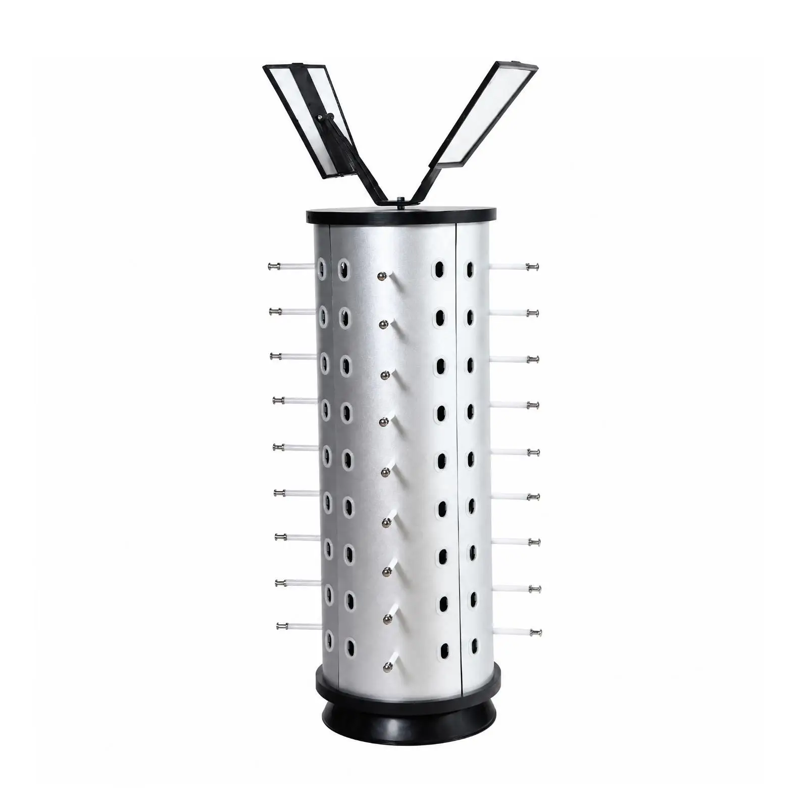 Silver Rotating Glasses Display Rack with Hinged Mirror Panels for Shop Counter Merchandising