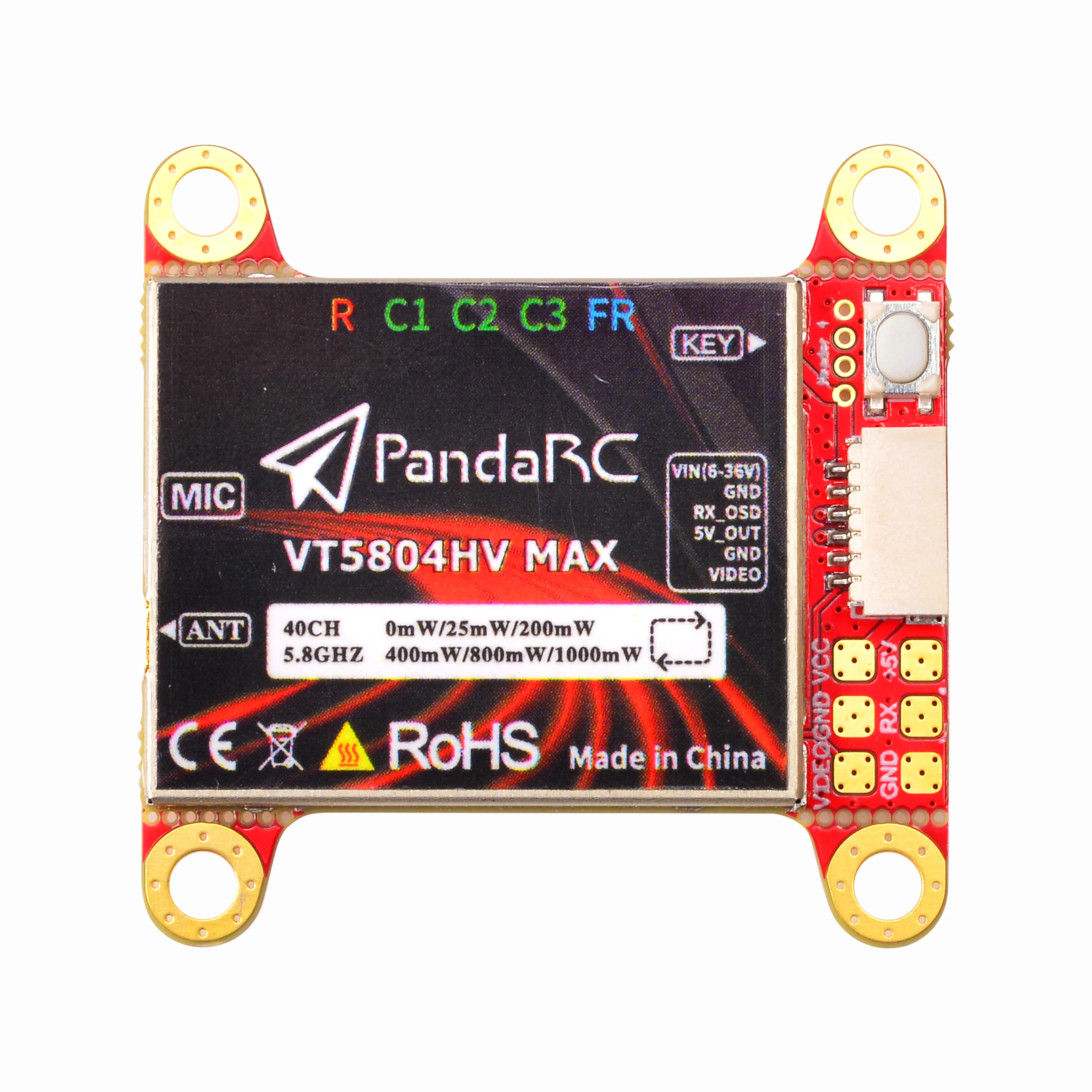 

PandaRC 5.8GHz 1W FPV VTX 5.8GHZ 40CH 1000mW Adjustable Video Transmitter 6-36V MMCX 30.5x30.5mm Mount 8g Lightweight For Drones