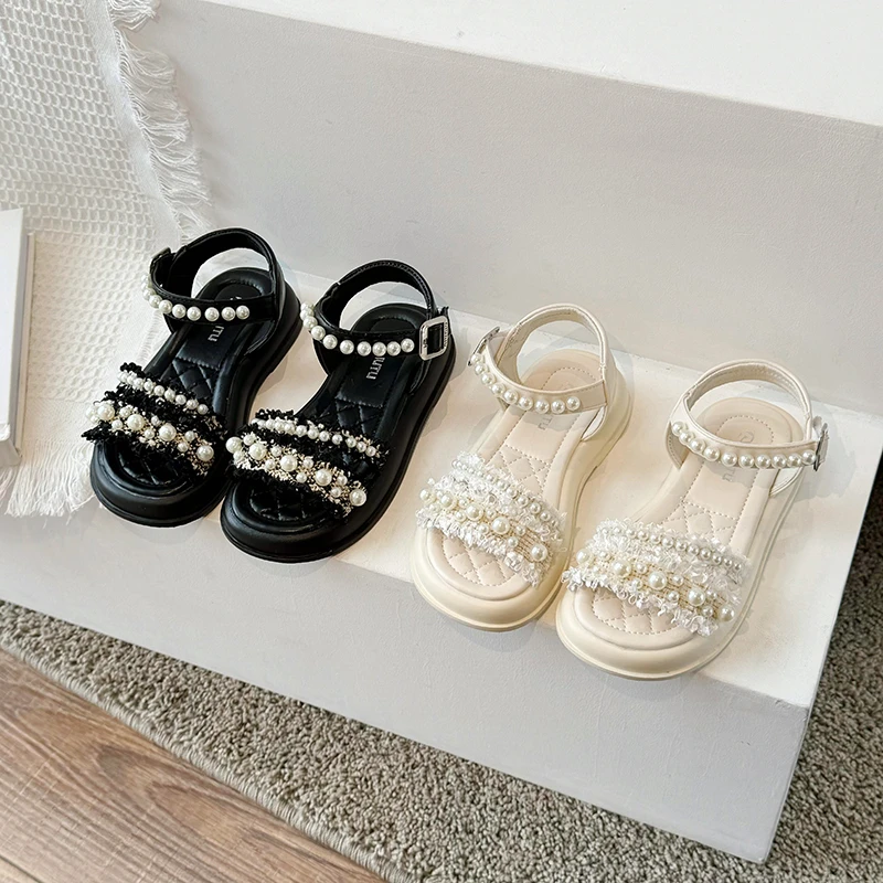 

Girls' Pearl Sandals 2025 Summer Hot Fashion Soft Bottom Water Diamond Princess Shoes Girls' Skirts Fashion Shoes