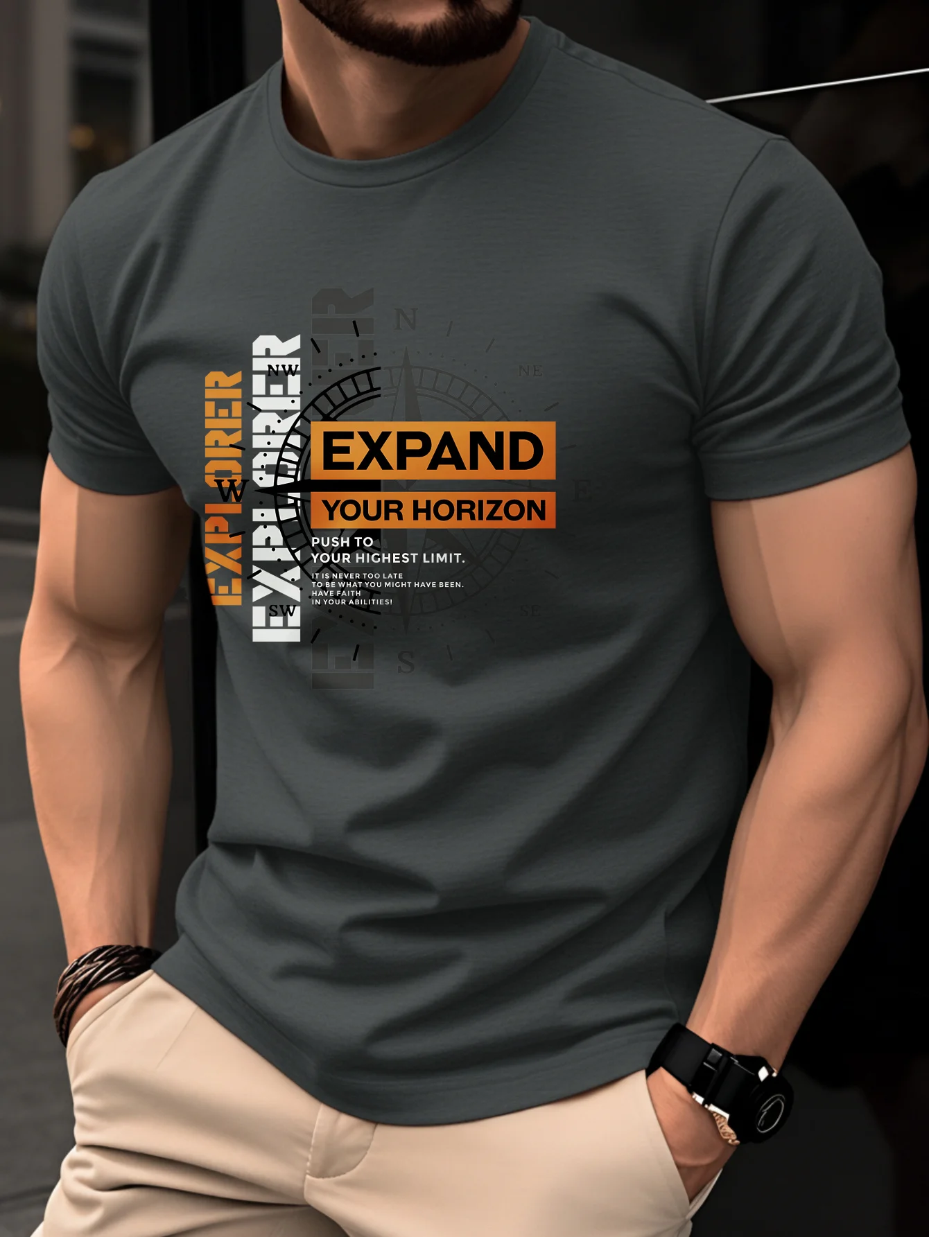 Summer Men's 100% Pure Cotton Casual Fashionable Loose Retro Compass Mountain Pattern Printed Round Neck Short-Sleeved T-Shirt