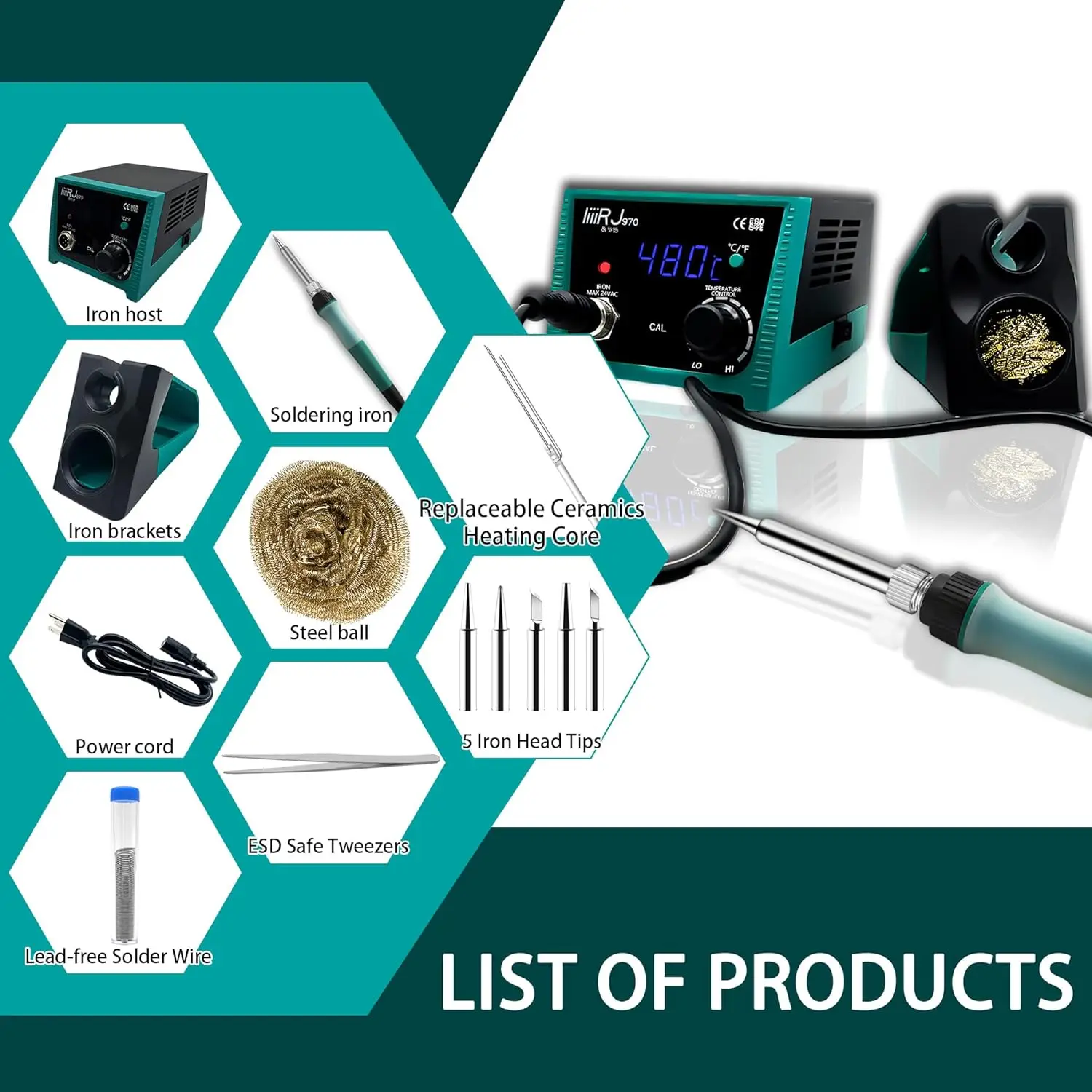 محطة لحام رقمية 75 وات مع شاشة LED، درجة حرارة قابلة للتعديل 392 ° F-896 ° F، 5 نصائح، لحام خالي من الرصاص، ملاقط، آمنة من ESD