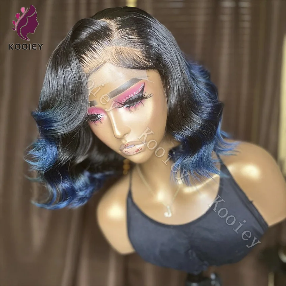 Cabelo humano onda do corpo para mulheres, raiz escura, cor ombre, peruca de fechamento, pré arrancado, azul, transparente frente de renda, perucas curtas Bob, 5x5, 13x4