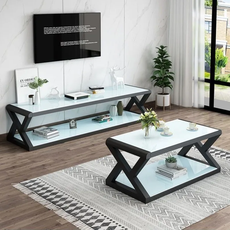 Living Room TV Cabinet Tempered Glass Living Room Simple Modern Coffee Table TV Cabinet Combination Iron Paint Coffee