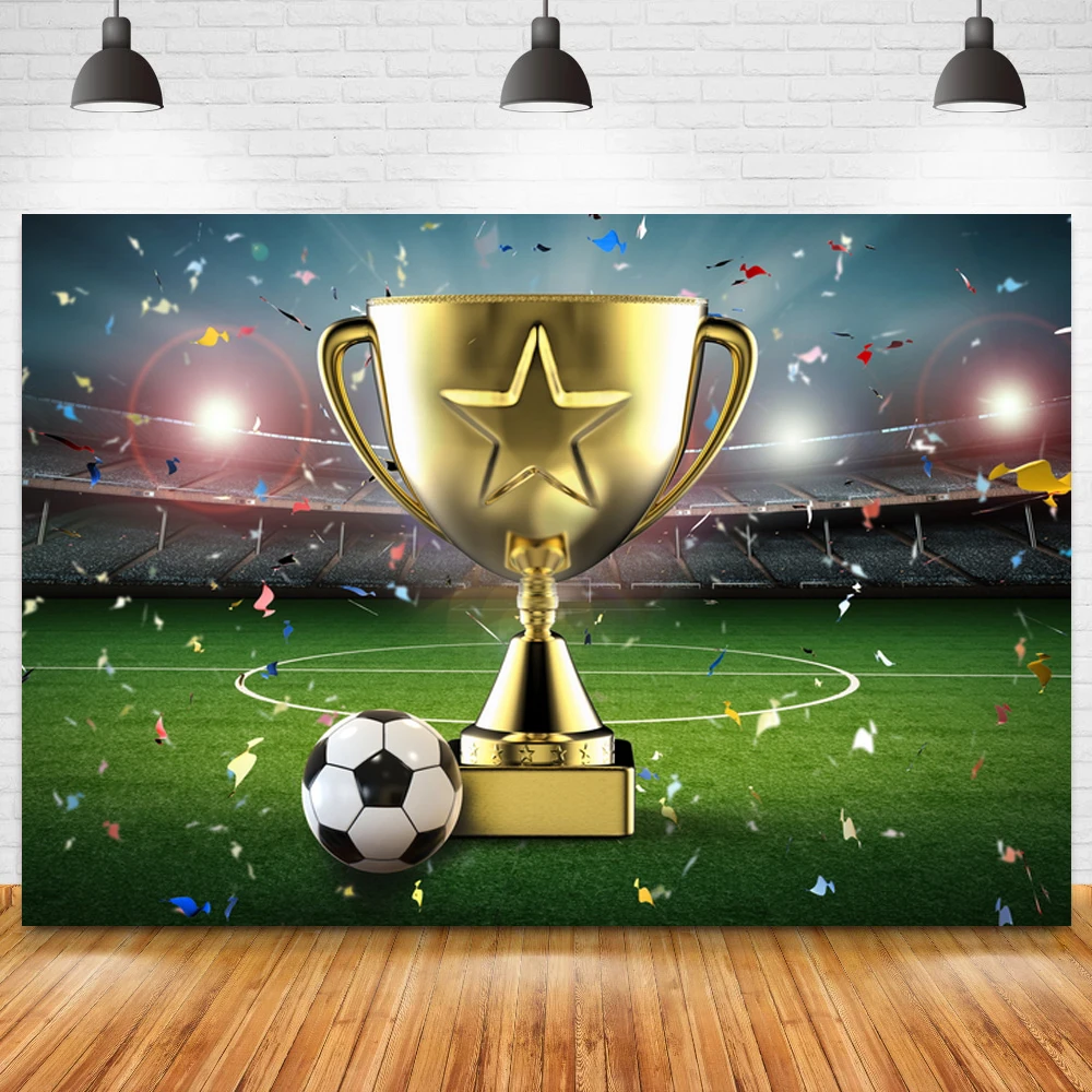 Stadium Football Field Happy Boy Birthday Photo Background Champion Cup Sports Competition Theme Party Backdrop Photography