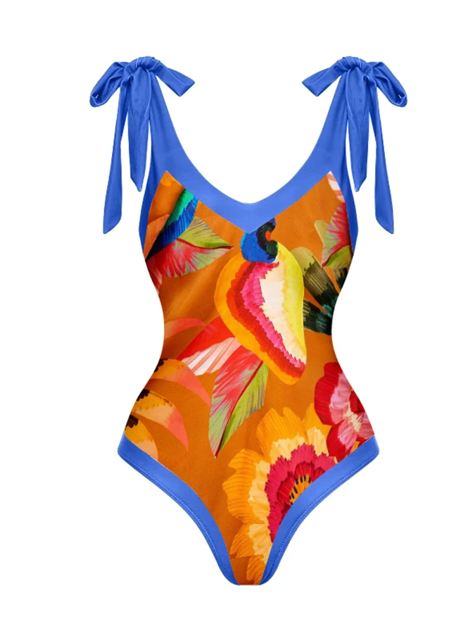 Vintage V-Neck Colorblock Print One-Piece Swimsuit Set Holiday Beachwear Designer Bathing Suit Summer Surf Wear