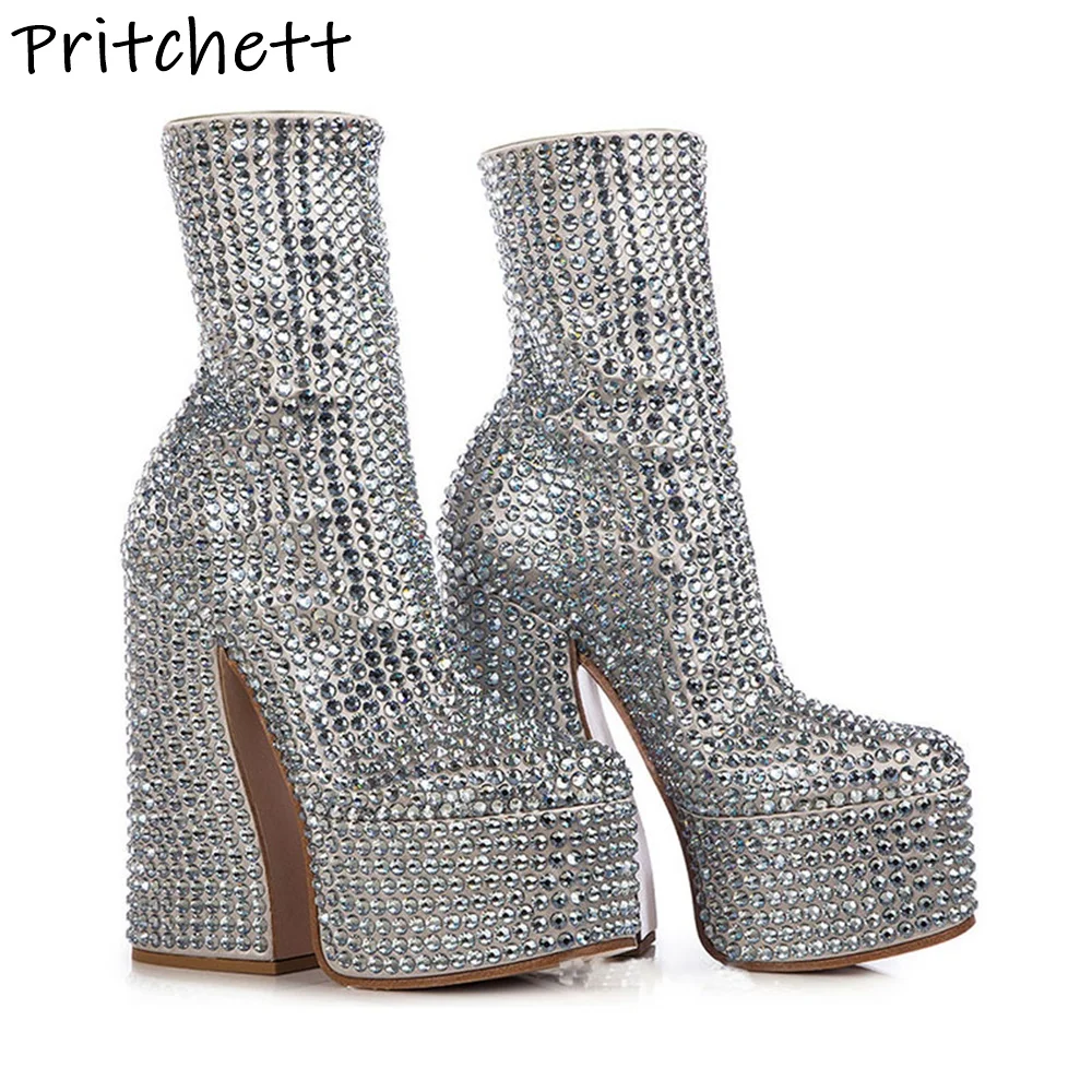 

Strange Style Heels Crystal Ankle Boots Slip On Bling Rhinestone Platform Round Toe Shoes Women's Fashion Luxury Short Boots