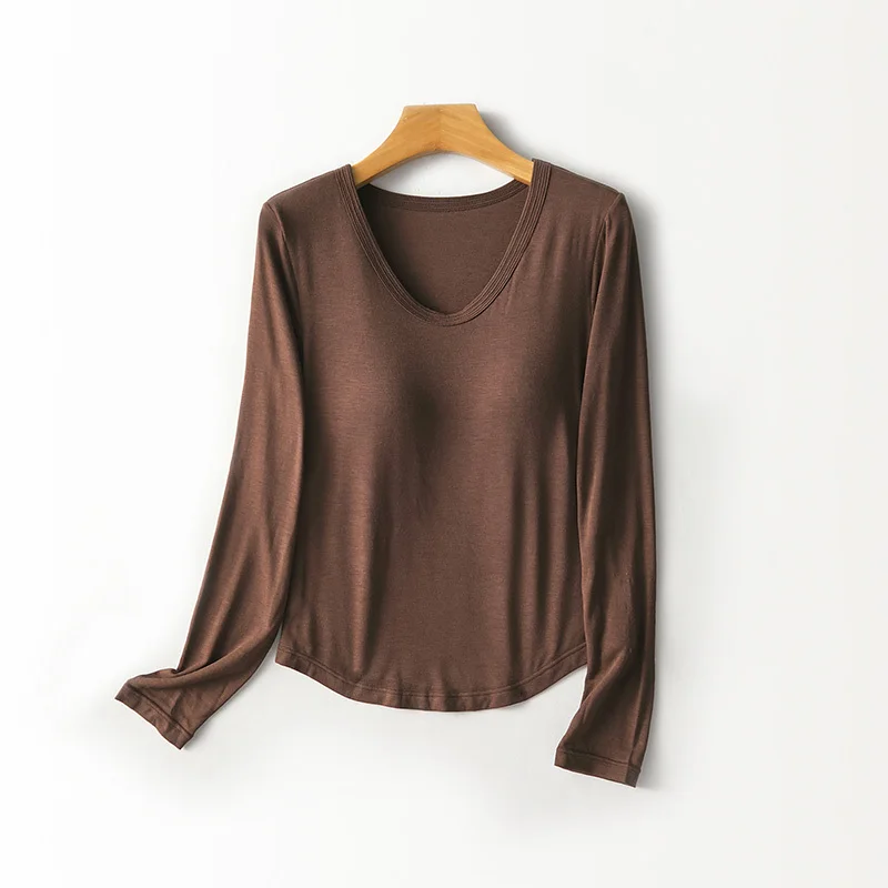 Women U‑Neck Long Sleeve Top Built‑in Bra Pads Cashmere Blend Soft Warm Stretch Autumn Winter Base Layer Top
