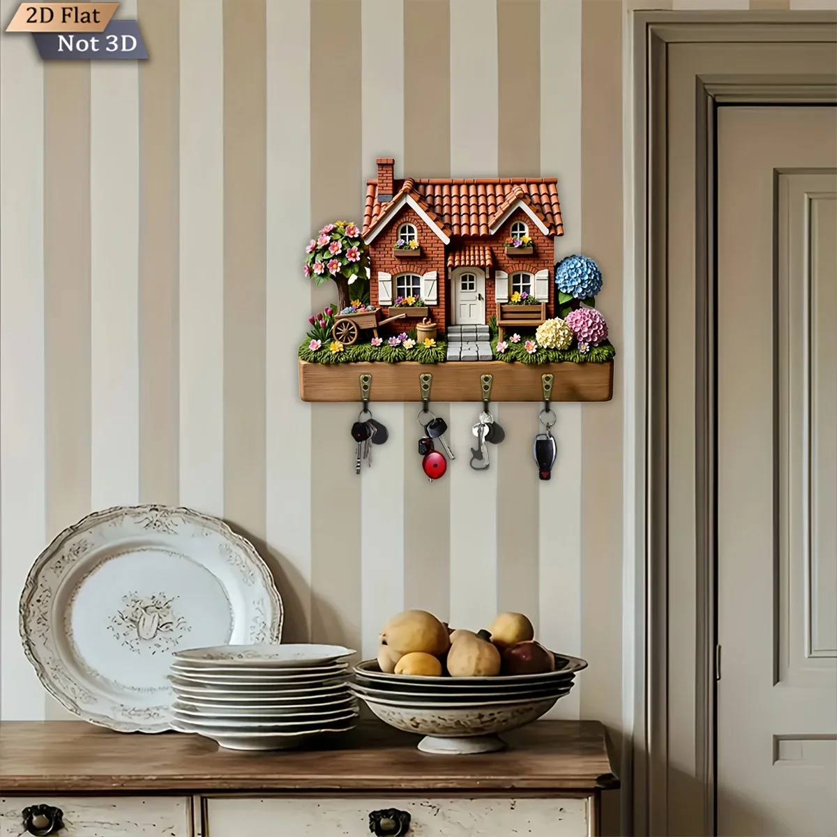 2D Flat, 1pc, Country Cottage Theme Style Key Hook. Wooden Multifunctional Home Key Holder with Four Metal Hooks. Suitable for