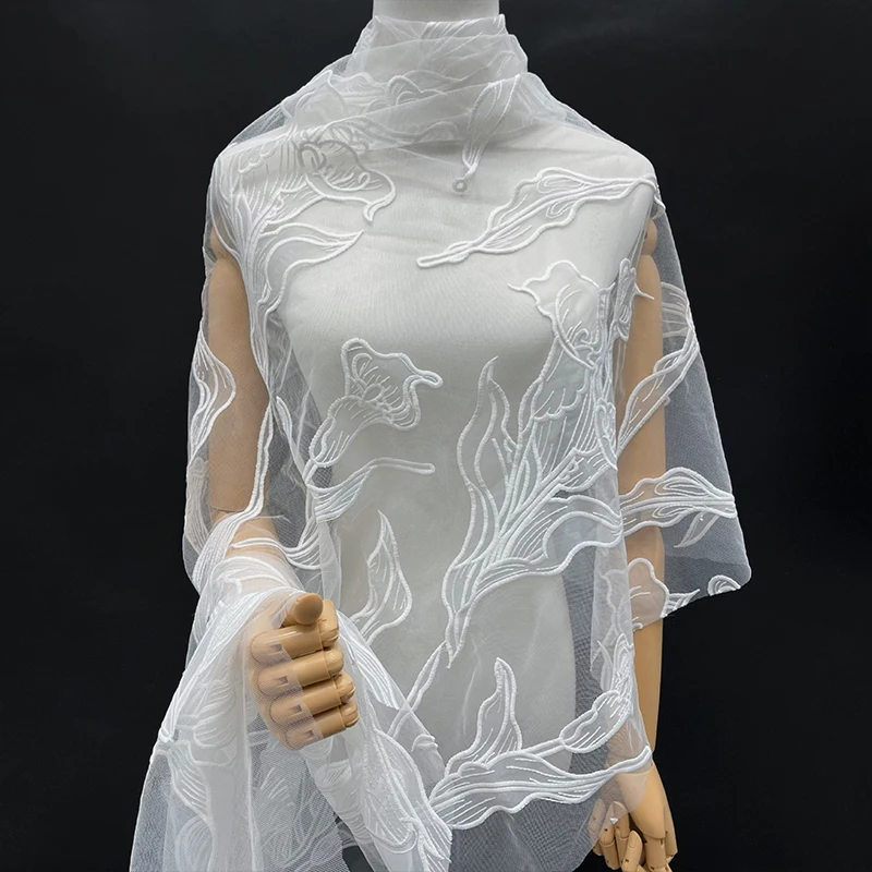 91x125cm Milk Silk Floral Embroidery Tulle Fabric White  Mesh Lace Cloth for Wedding Bridal Dress DIY Sewing Garment Material view 6
