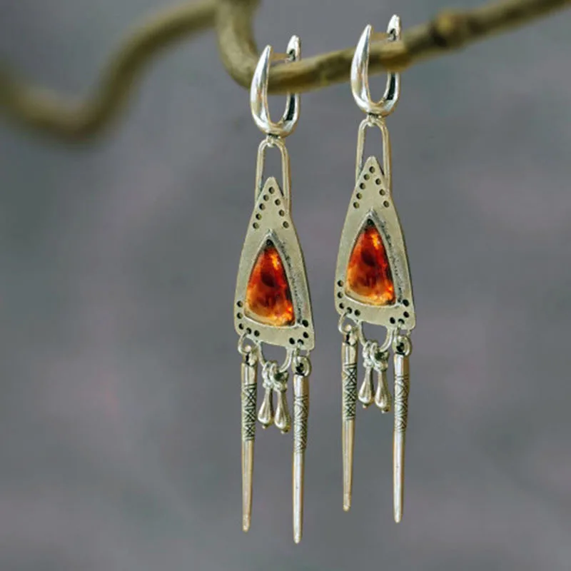 Triangle Dangle Earrings For Women Vintage Tribe Ethnic Handmade Tassel Inlay Amber Stone Eardrop Earring Female Wedding Jewelry